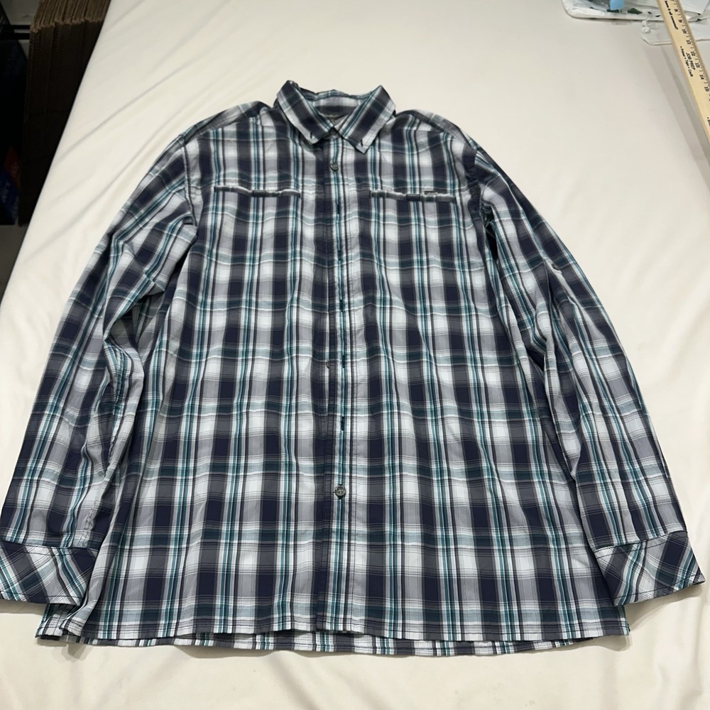 Eddie Bauer Legend Wash Plaid Shirt Men's TL Navy Teal Button Front Cotton - Picture 2 of 10